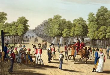 Den britiske hærs lejr i Bois de Boulogne, 1815, indgraveret af Matthew Dubourg (fl.1813-20) fra 